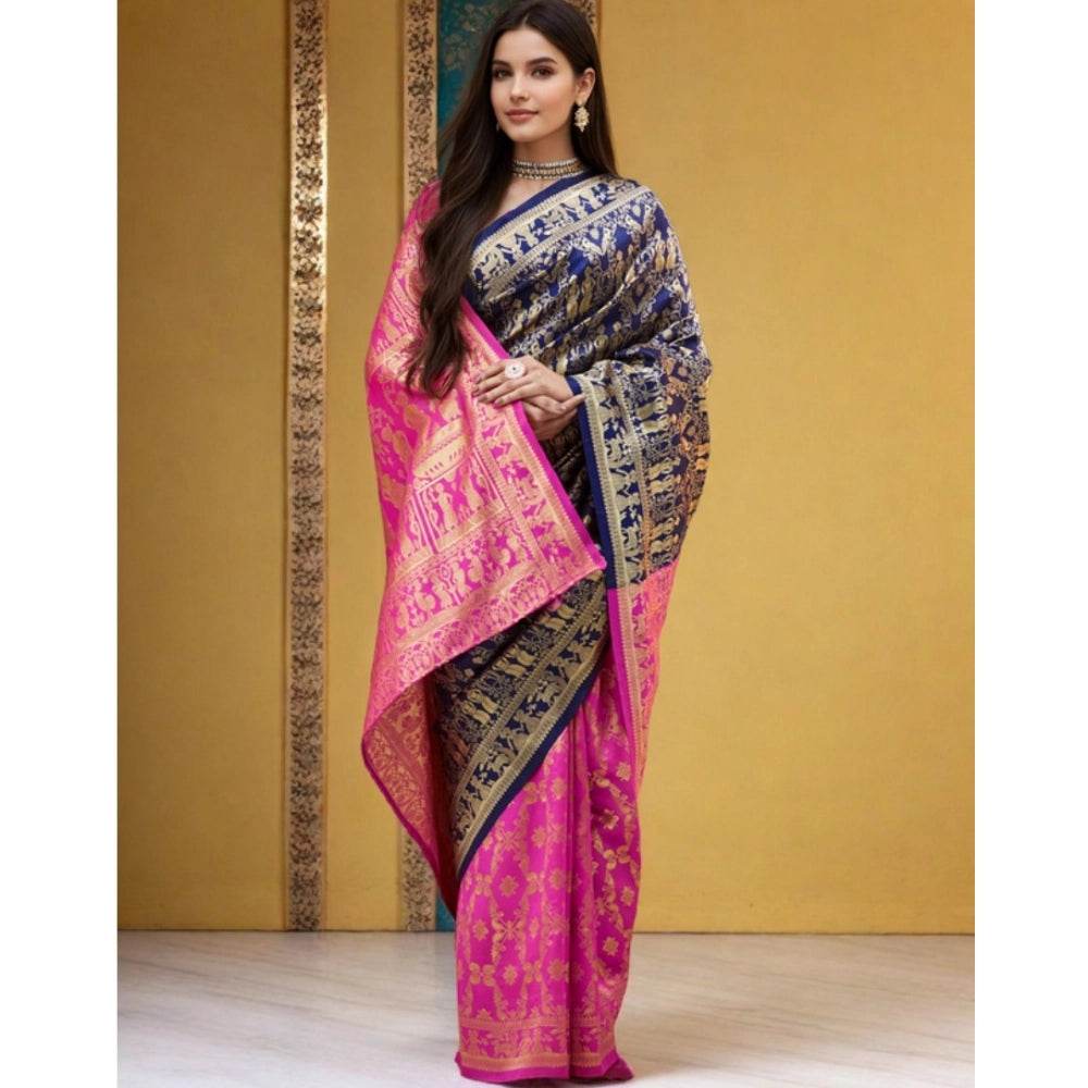 Generic Women's Silk Blend Zari Weaving Saree With Unstitched Blouse 5.5Mtr (Navy) - MYLUXURY LANE ENTERPRISE